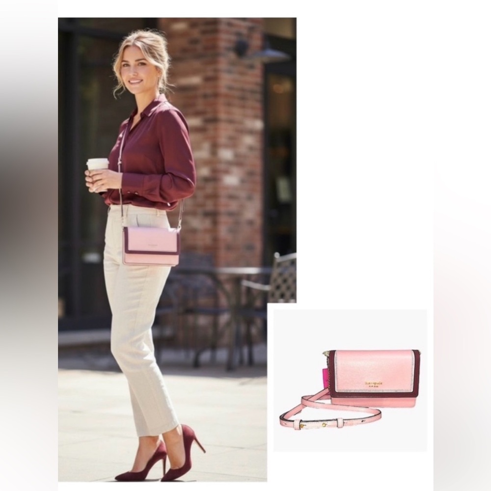 Kate Spade Crossbody Morgan dogwood colorblock saffiano peachy pink burgundy - Picture 2 of 13